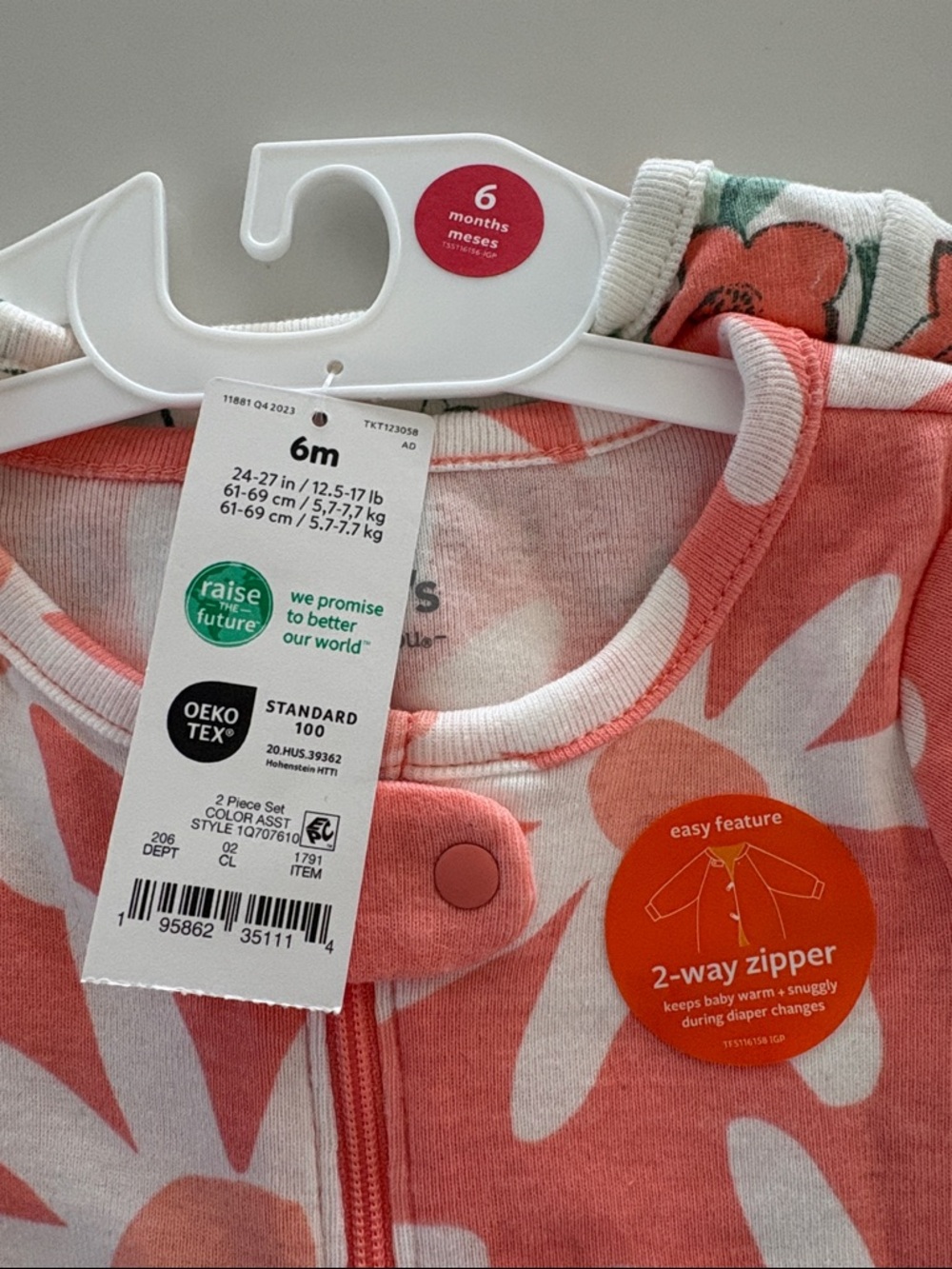 Carter’s 2pk Floral Zip One-Piece - Coral White Daisy - Picture 3 of 3
